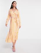Asos Design Wrap Midi Dress With Collar In Pink Check Print-multi