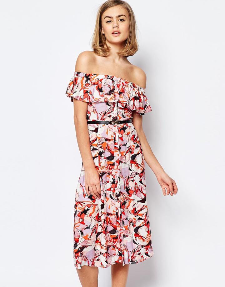 Lost Ink Printed Off Shoulder Midi Dress With Button Through - Multi