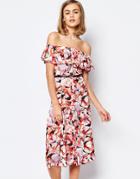 Lost Ink Printed Off Shoulder Midi Dress With Button Through - Multi