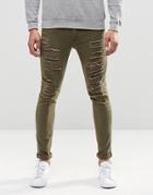 Asos Super Skinny Jeans With Extreme Rips In Light Green - Burn Olive