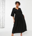 Asos Design Curve Edit Midi Smock Dress With Wrap Front And Kimono Sleeve In Black