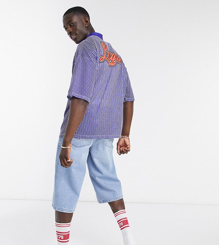 Asos Design Oversized Striped T-shirt In Blue With Back Collegiate Text-navy