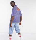 Asos Design Oversized Striped T-shirt In Blue With Back Collegiate Text-navy
