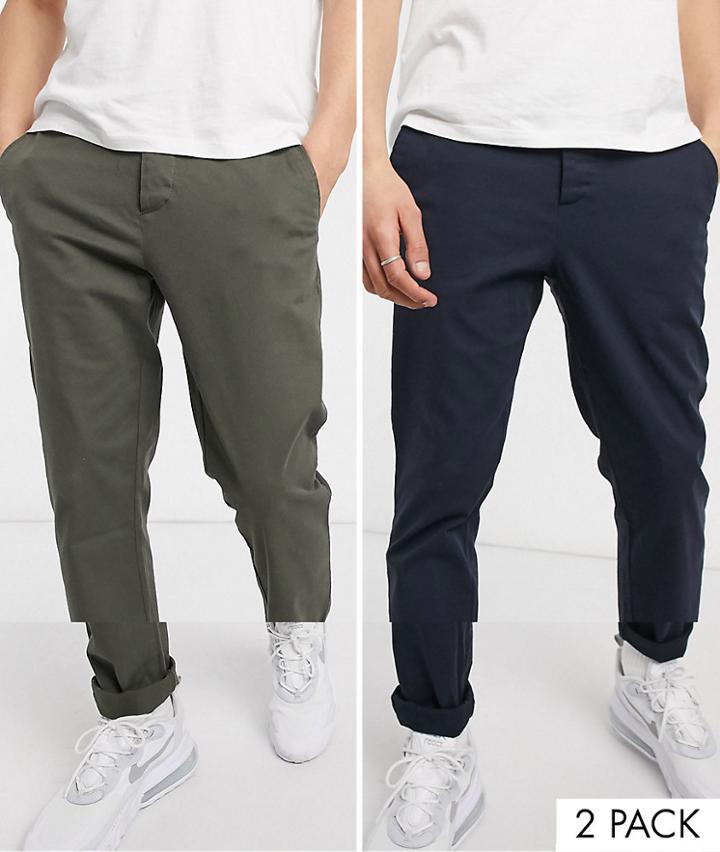 Asos Design 2 Pack Slim Chinos In Khaki & Navy-multi