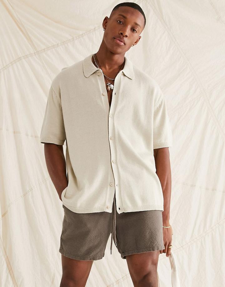 Asos Design Oversized Knitted Button Through Shirt In Stone-neutral