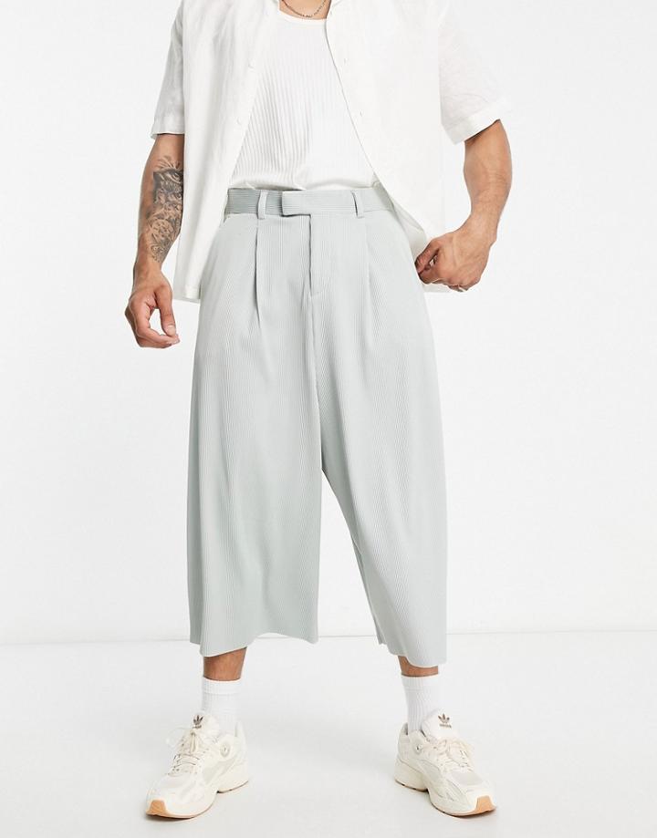 Asos Design Extreme Wide Culotte Smart Pants In Sage Green Plisse-gray