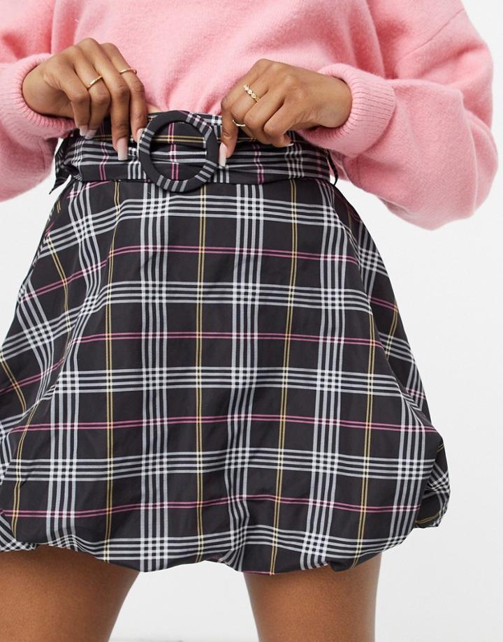 Asos Design Puffball Mini Skirt In Check Print With Belt Detail-multi
