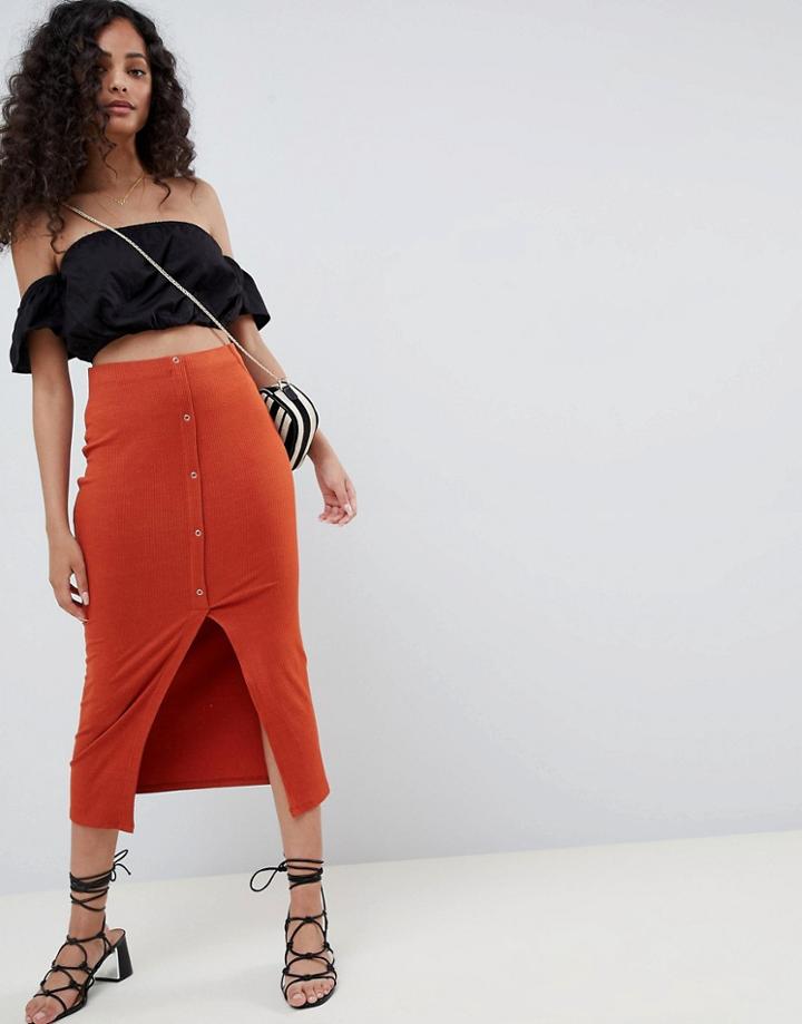 Asos Design Rib Popper Midi Skirt - Red