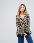 Tommy Hilfiger Deep V Leopard Print Mohair Knit Sweater - Multi