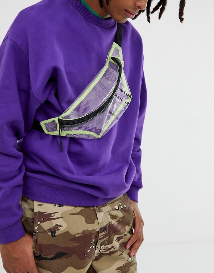 Asos Design Cross Body Fanny Pack In Transparent With Print And Neon Green Binding-clear