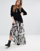 Religion Tiered Maxi Skirt In Abstract Print - White