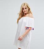 Asos Curve Off Shoulder Sundress With Multi Color Tassel Detail - White