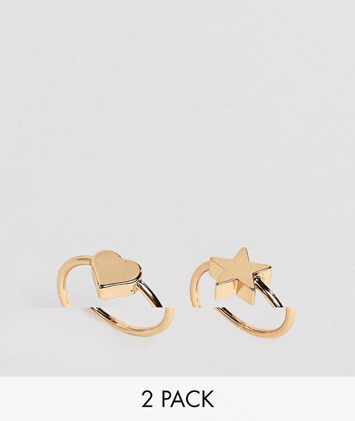 Asos Design Pack Of 2 Pinky Rings With Heart And Star Detail In Gold - Gold