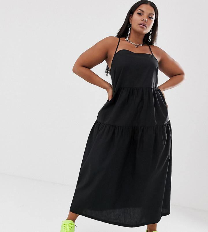 Collusion Plus Tiered Cami Smock Maxi Dress-black