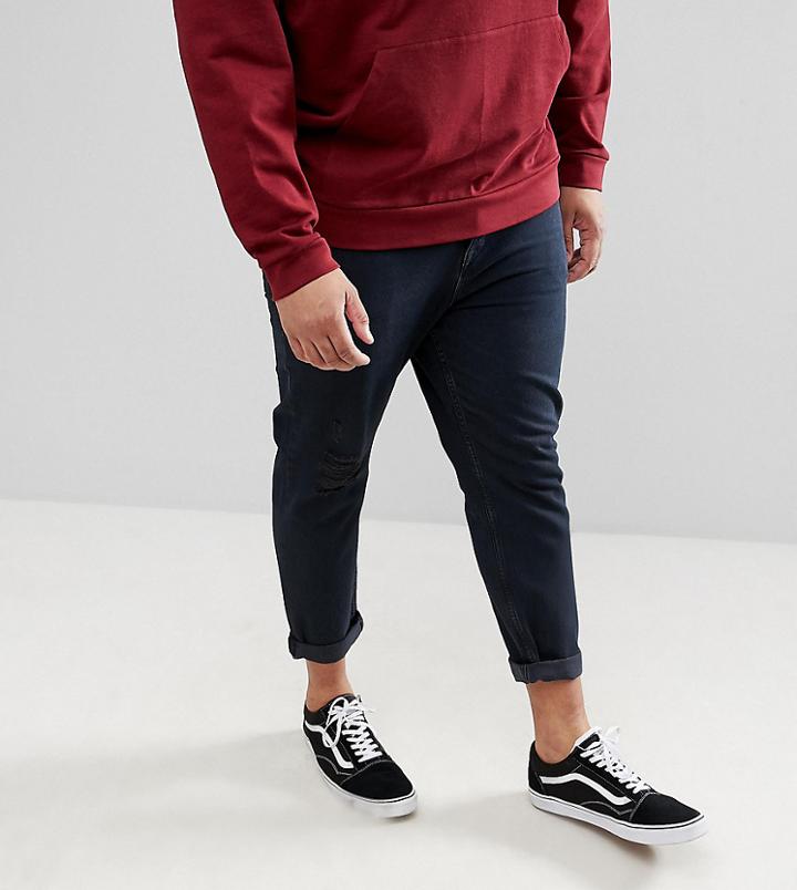 Asos Design Plus Tapered Jeans In Overdyed Wash With Rips - Blue