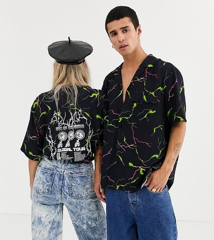 Collusion Unisex Revere Shirt With Back Print-black