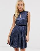 Little Mistress Sequin Key Hole Skater Dress-navy