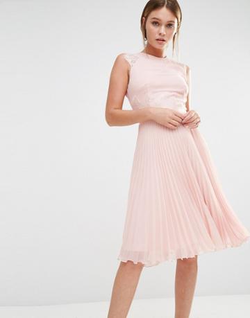 Elise Ryan Pleated Midi Dress With Eyelash Lace Sleeves - Nude