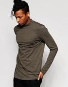 Asos Inject Slub Longline Long Sleeve T-shirt With Curve Hem And Turtle Neck - Khaki