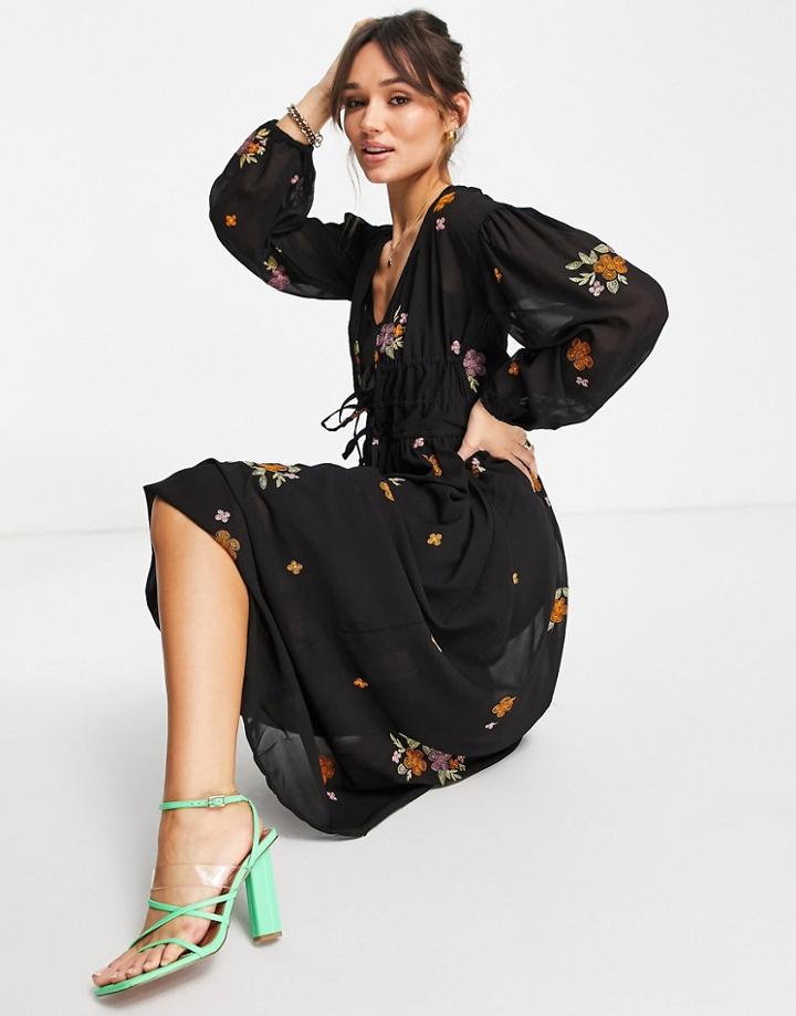 Asos Design Soft All Over Embroidered Maxi Dress In Black