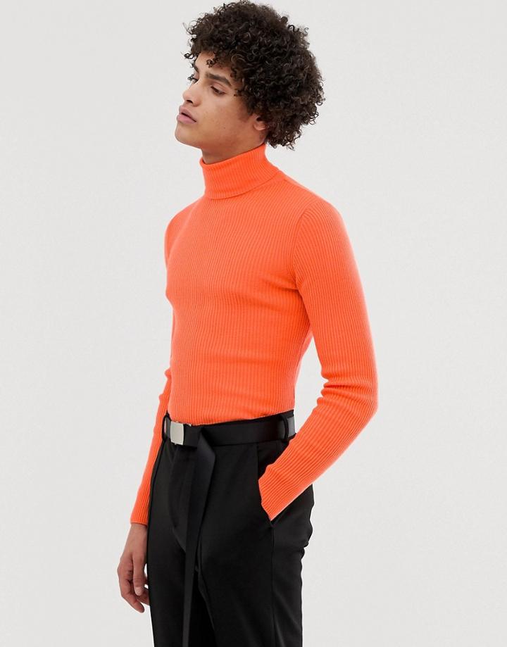 Asos Design Muscle Fit Ribbed Roll Neck Sweater In Neon Orange