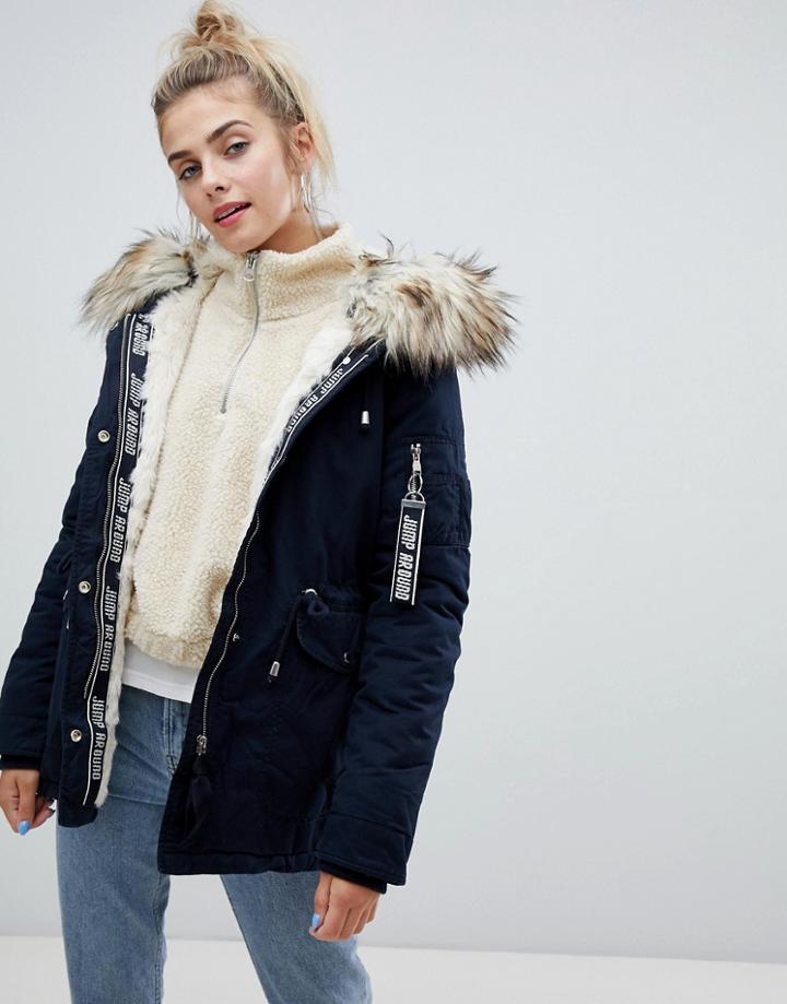 Bershka Parka Coat In Navy - Navy