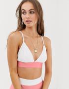 Prettylittlething Cami Bikini Top With Contrast Panel In Pink And White - Multi