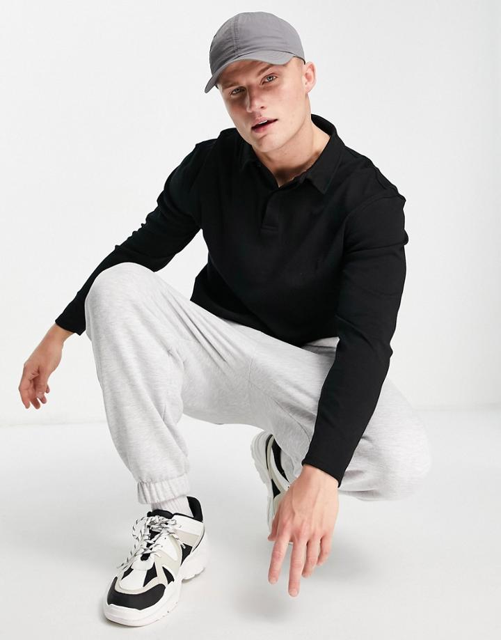 Topman Long Sleeved Jersey Polo In Black