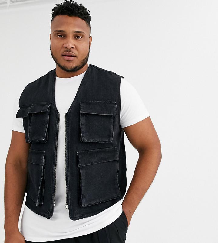 Asos Design Plus Utility Vest In Washed Black-gray