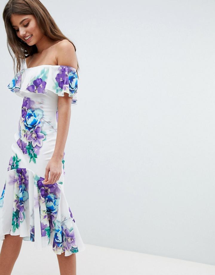 Jessica Wright Bardot Floral Dress With Frill Hem - White