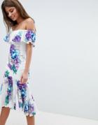 Jessica Wright Bardot Floral Dress With Frill Hem - White