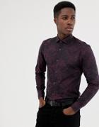 Moss London Skinny Fit Shirt In Burgundy Floral Jacquard - Red
