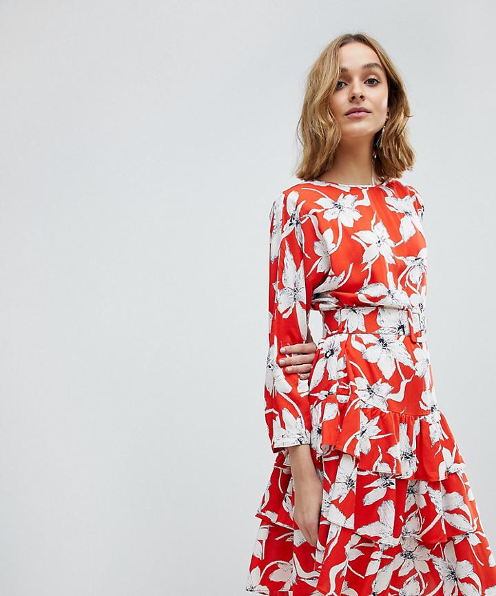 Vero Moda Vintage Floral Tea Dress With Ruffle Hem-multi
