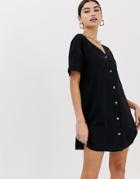 Asos Design Mini Slub Button Through Swing Dress - Black