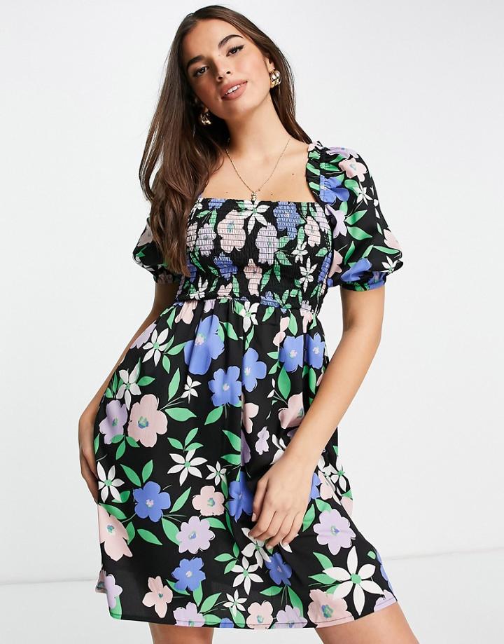 New Look Puff Sleeve Shirred Mini Dress With Tie Back In Blue Floral-blues