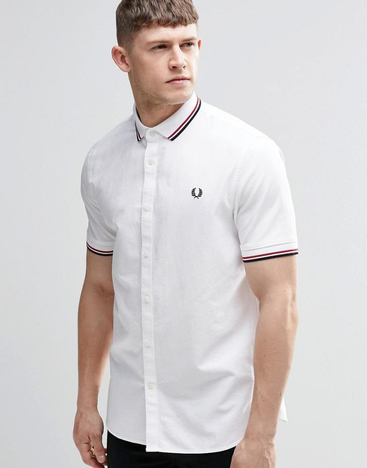 Fred Perry Shirt In Slim Fit With Knit Collar In White Short Sleeves - White