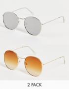 Svnx 2 Pack Rounded Sunglasses In Silver And Brown-multi