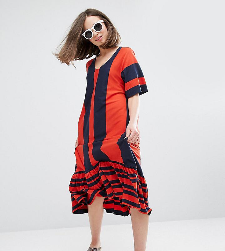 Monki Stripe V Neck Ruffle Hem Dress - Multi