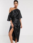 Asos Edition Drape Asymmetric Maxi Dress In Satin-black