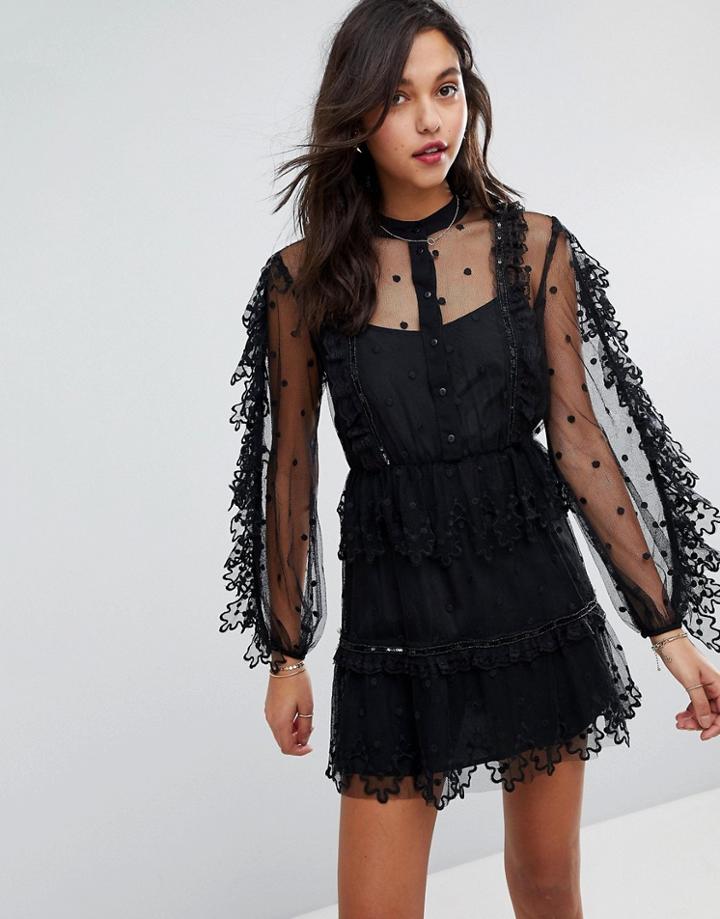 Stevie May Emroidered Floral Lace Mini Dress - Black