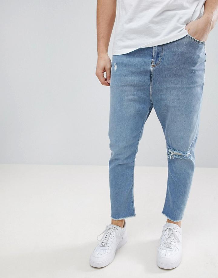 Asos Drop Crotch Jeans In Light Wash Blue With Rips - Blue