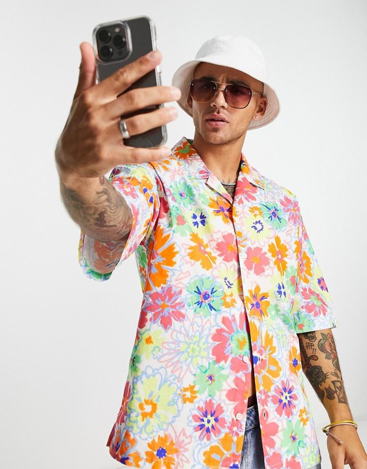 Bershka Relaxed Shirt In Pink Floral Print