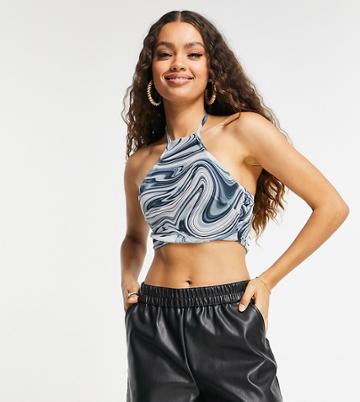 In The Style Petite X Syd & El Halterneck Scarf Top In Blue Marble Print - Part Of A Set-blues