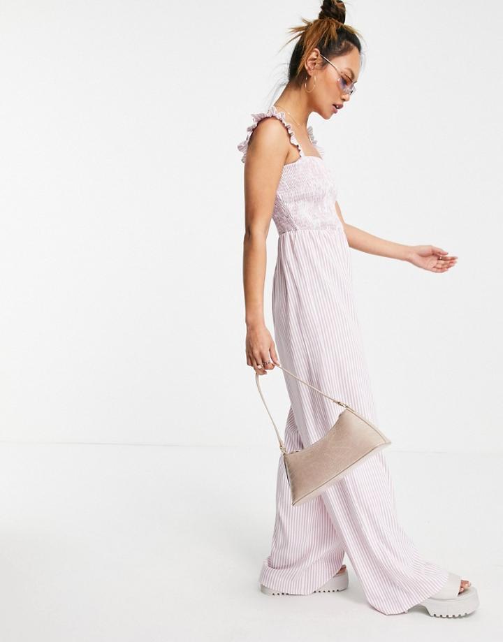 Urban Threads Frill Sleeve Stripe Jumpsuit In Lilac-purple