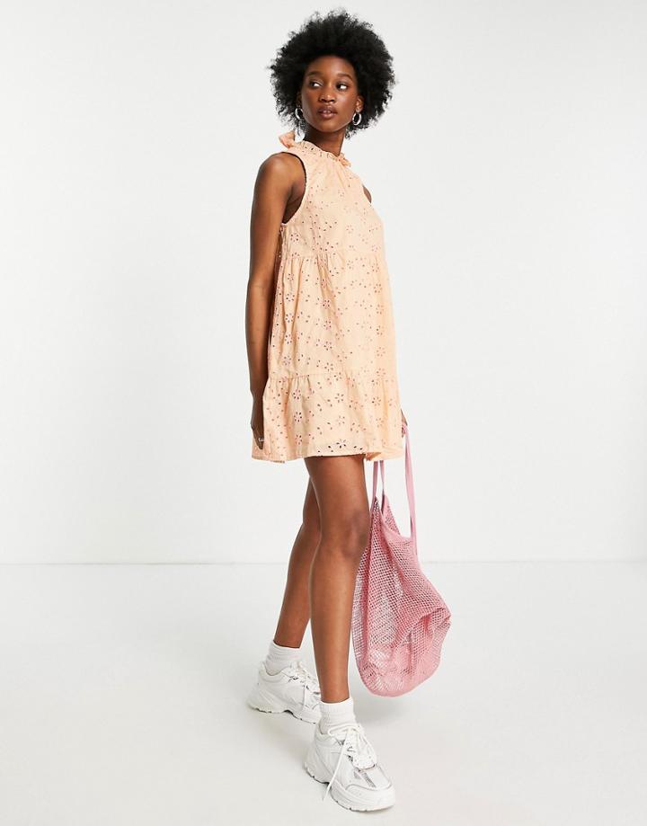 Asos Design Tiered Trapeze Mini Dress In Peach Contrast Stitch Broderie-orange