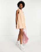 Asos Design Tiered Trapeze Mini Dress In Peach Contrast Stitch Broderie-orange