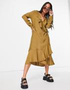 Vila Ruffle Midi Wrap Dress In Brown