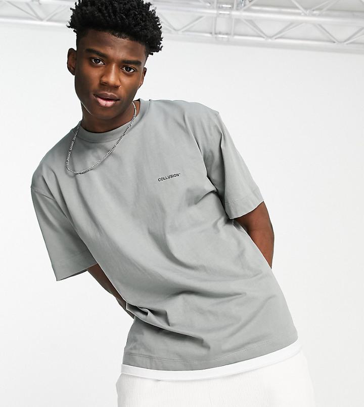 Collusion Oversized T-shirt With Double Layer Effect In Charcoal-grey