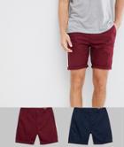 Asos Design 2 Pack Slim Chino Shorts In Navy & Burgundy Save - Multi