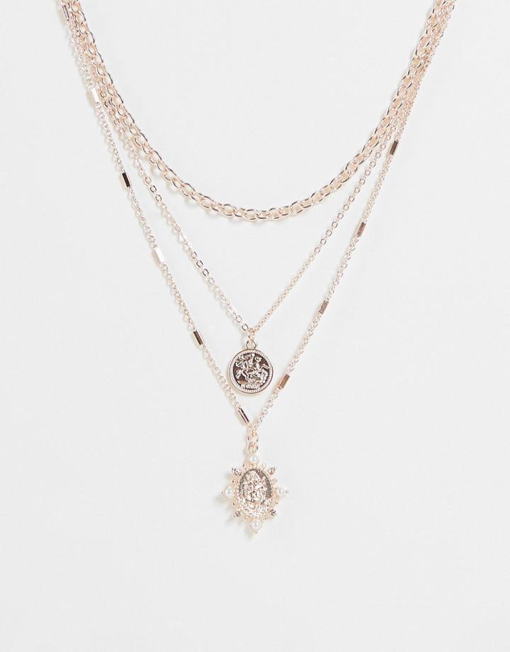 River Island Coin Multirow Necklace In Rose Gold Tone